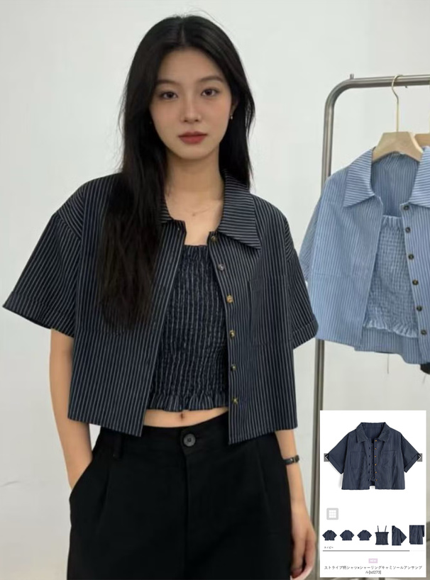 ストライプデザイン フレアシルエットシャツ＋キャミソールのセット ストライプ柄シャツ×シャーリングキャミソールアンサンブル[sd273
