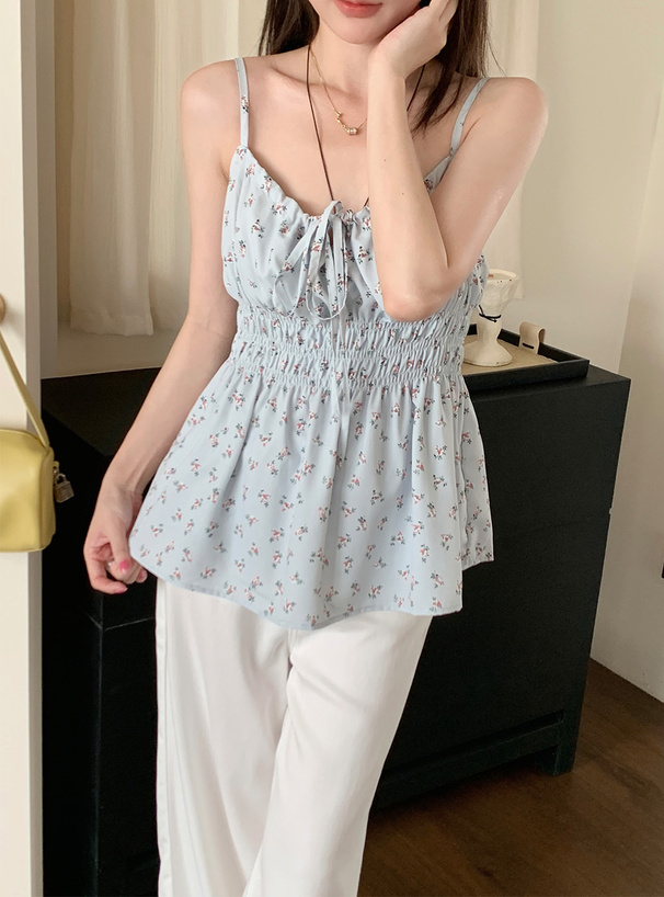 小花柄シャーリングリボンキャミソールトップス