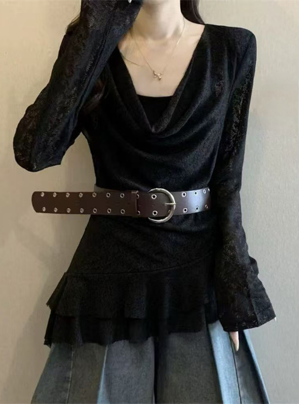 ベルト付きドレープアシンメトリーフリルレーストップス