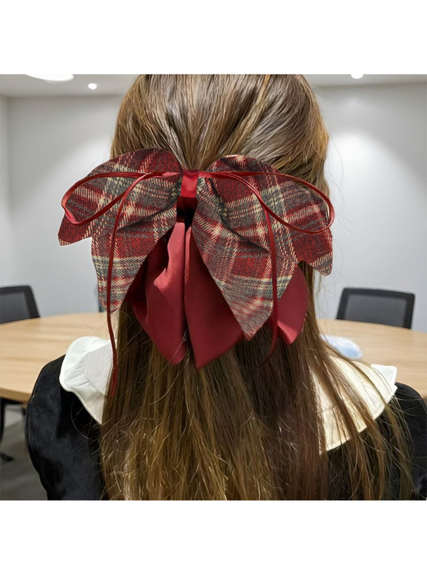 チェック柄ビッグリボンヘアクリップ