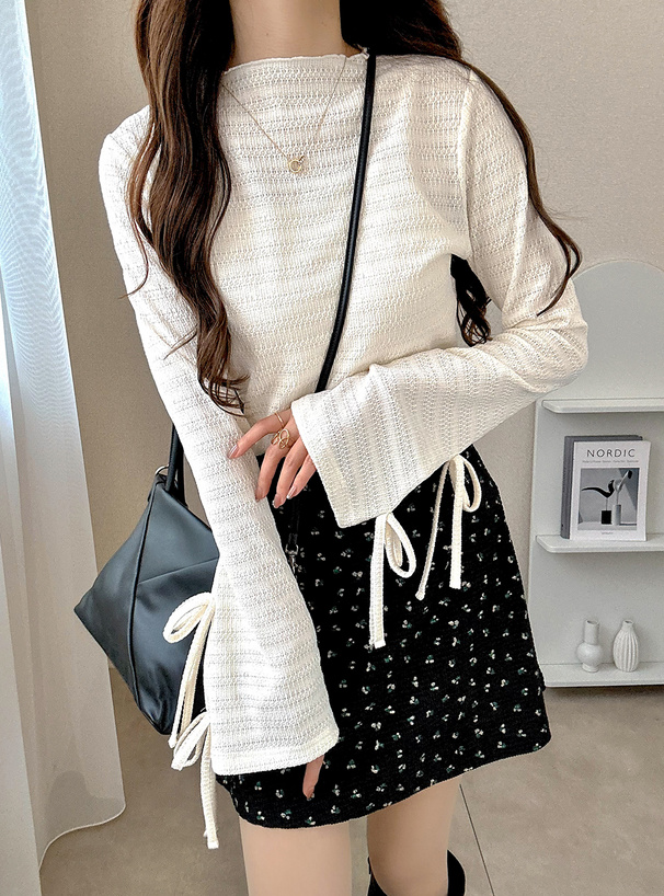 リボンスリーブジャガードハイネックトップス