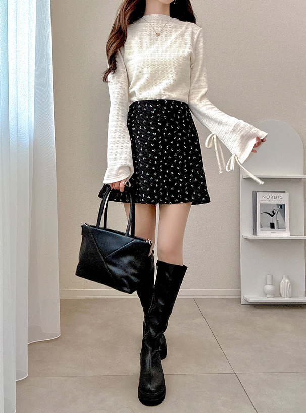 リボンスリーブジャガードハイネックトップス