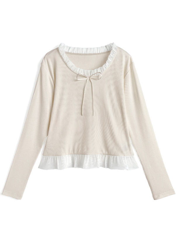 チュールフリルリボンリブトップス