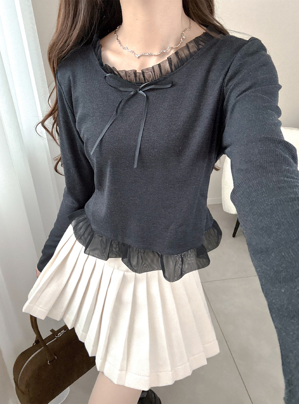 チュールフリルリボンリブトップス