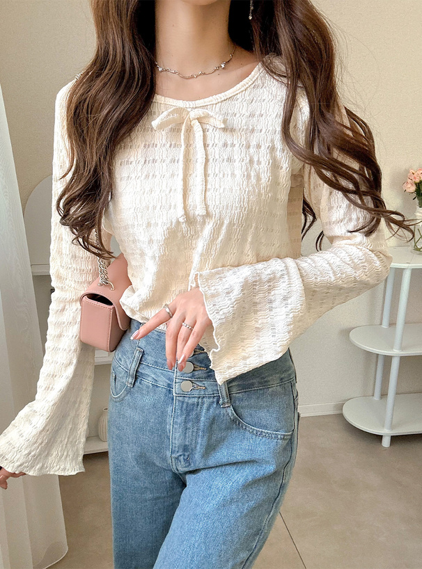 リボンジャガードフレアスリーブトップス