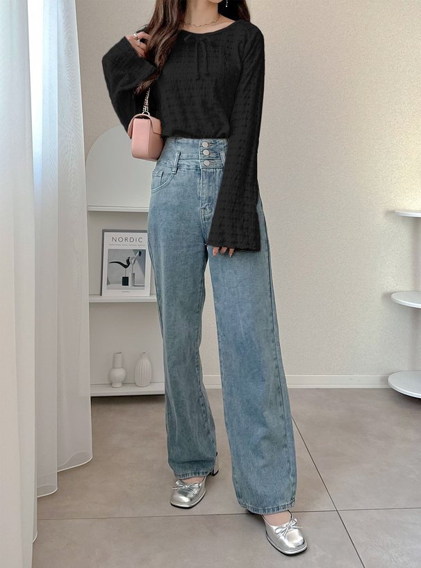 リボンジャガードフレアスリーブトップス