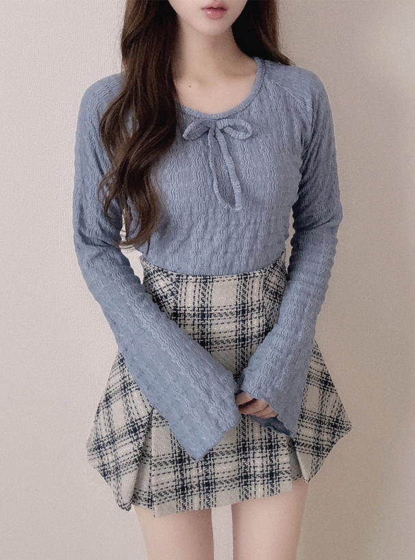 リボンジャガードフレアスリーブトップス