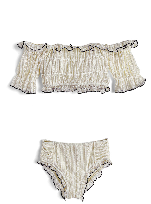 ストラップ付きレースフリルオフショルダービキニ水着