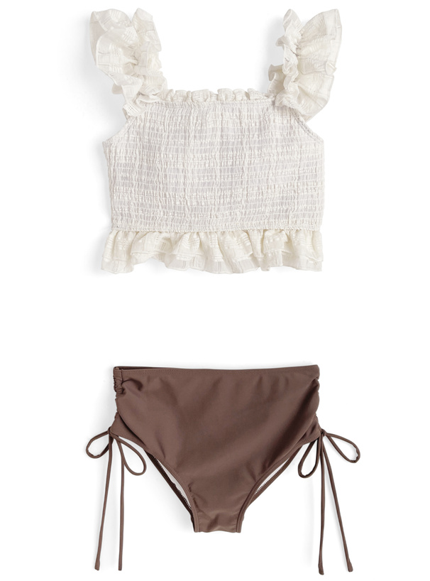 シアーチェック柄フリルドロストビキニ水着