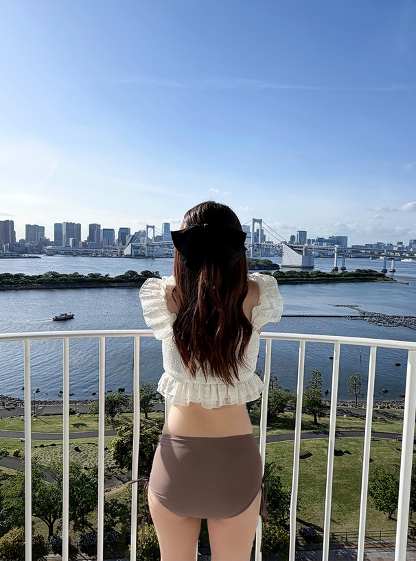シアーチェック柄フリルドロストビキニ水着