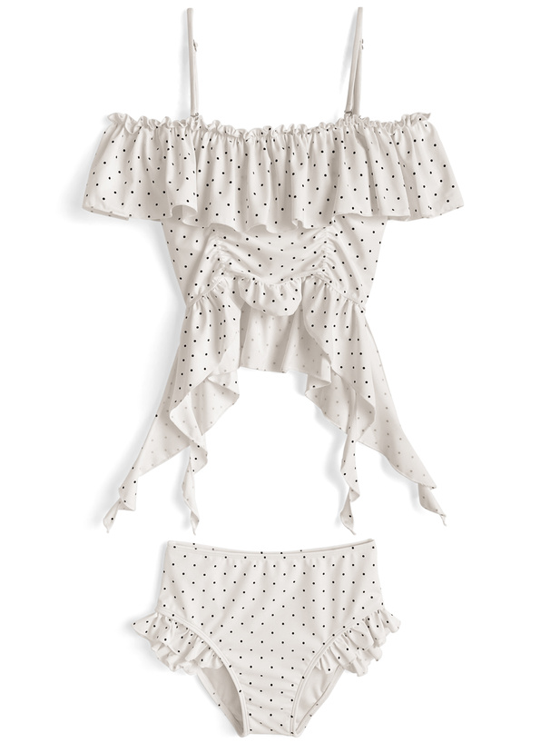 ドット柄オフショルダーフリルビキニ水着