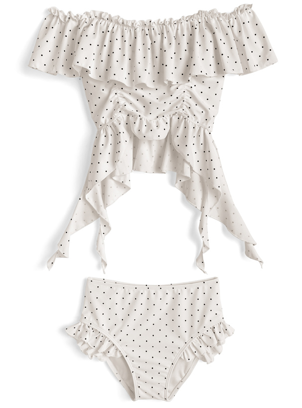 ドット柄オフショルダーフリルビキニ水着