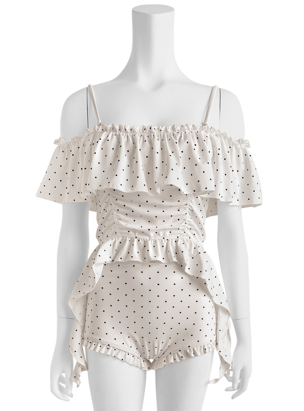 ドット柄オフショルダーフリルビキニ水着