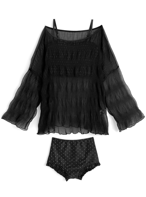 ドット柄シャーリングビキニ水着×シアートップスセットアップ