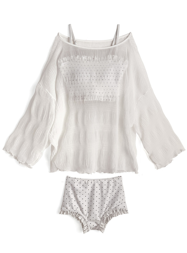 ドット柄シャーリングビキニ水着×シアートップスセットアップ