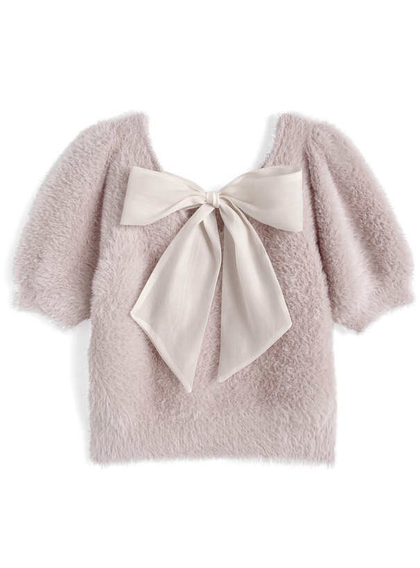 バックリボンシャギーニットトップス