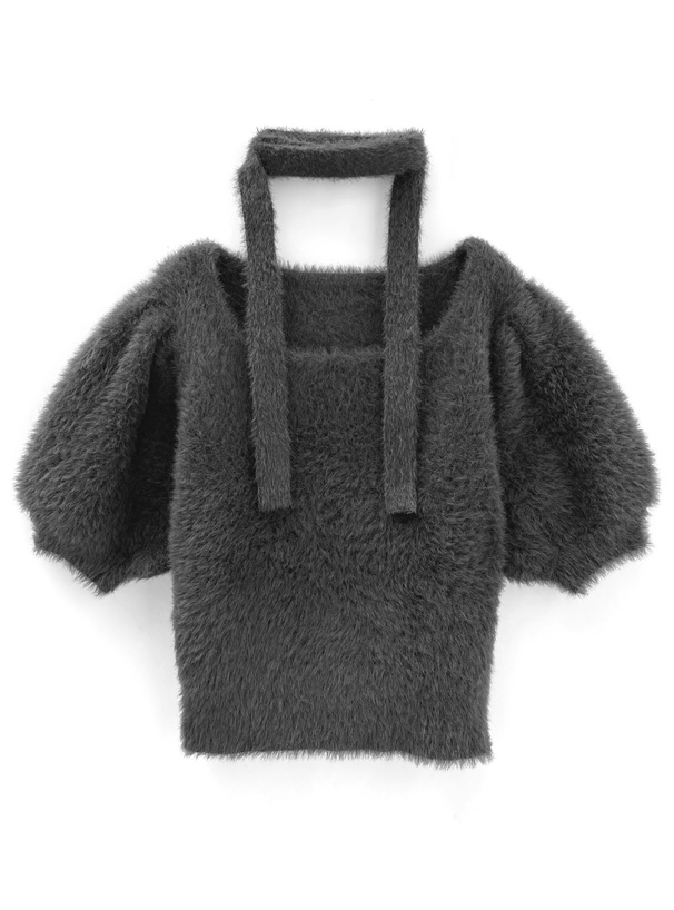 タイ付きシャギーニットトップス