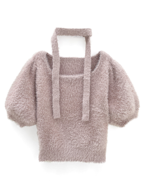 タイ付きシャギーニットトップス