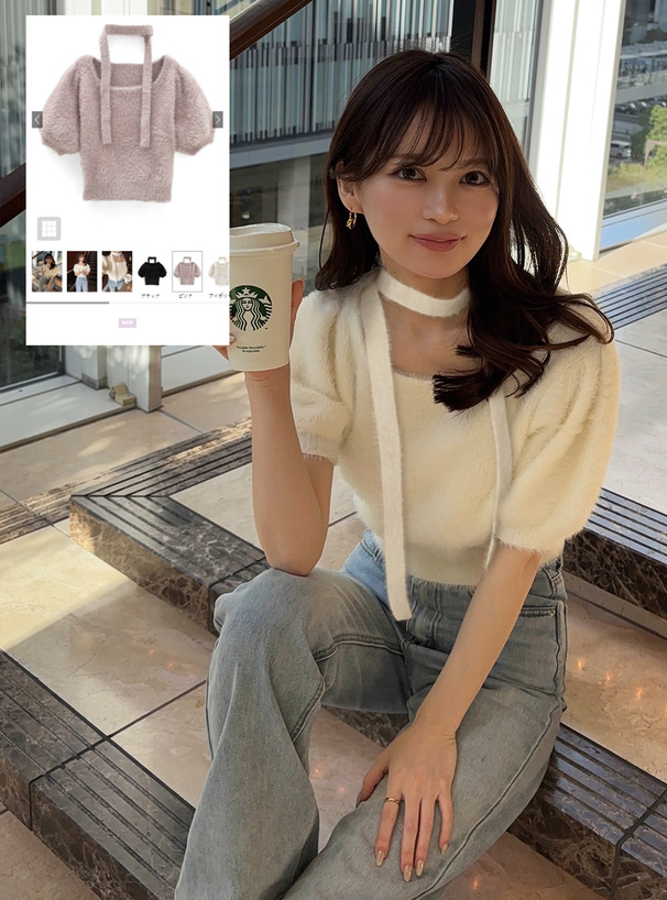 タイ付きシャギーニットトップス