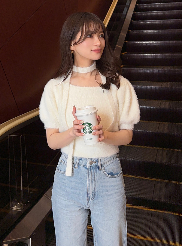 タイ付きシャギーニットトップス