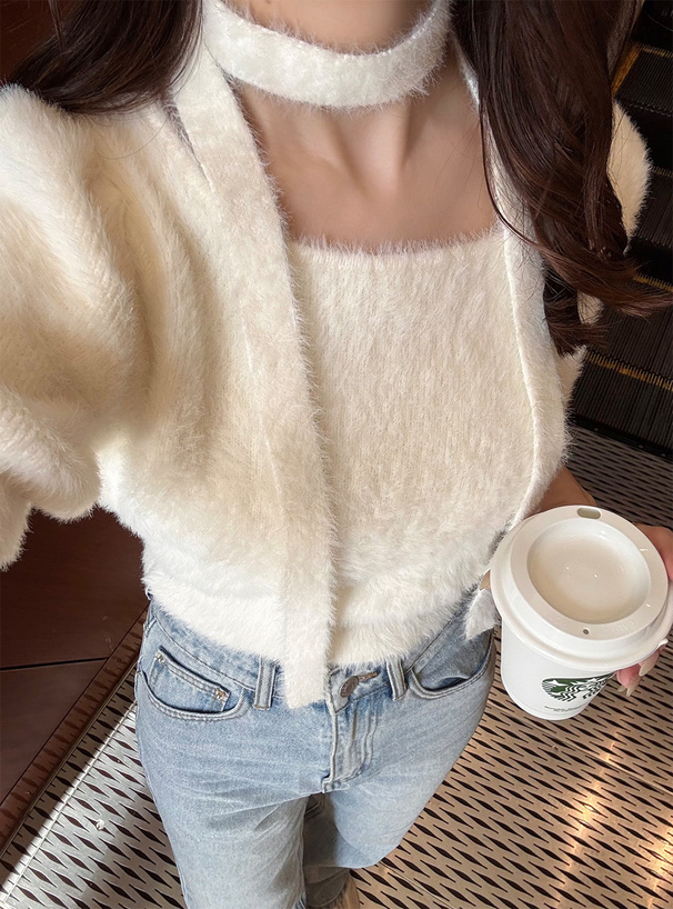 タイ付きシャギーニットトップス