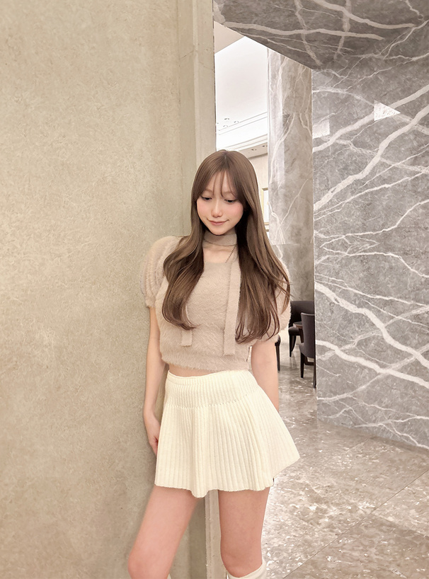 タイ付きシャギーニットトップス