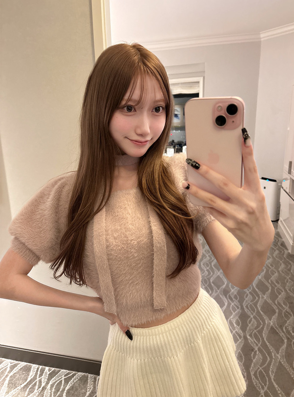 タイ付きシャギーニットトップス