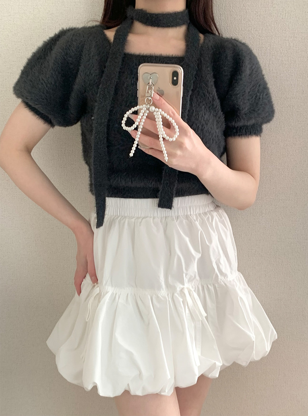 タイ付きシャギーニットトップス