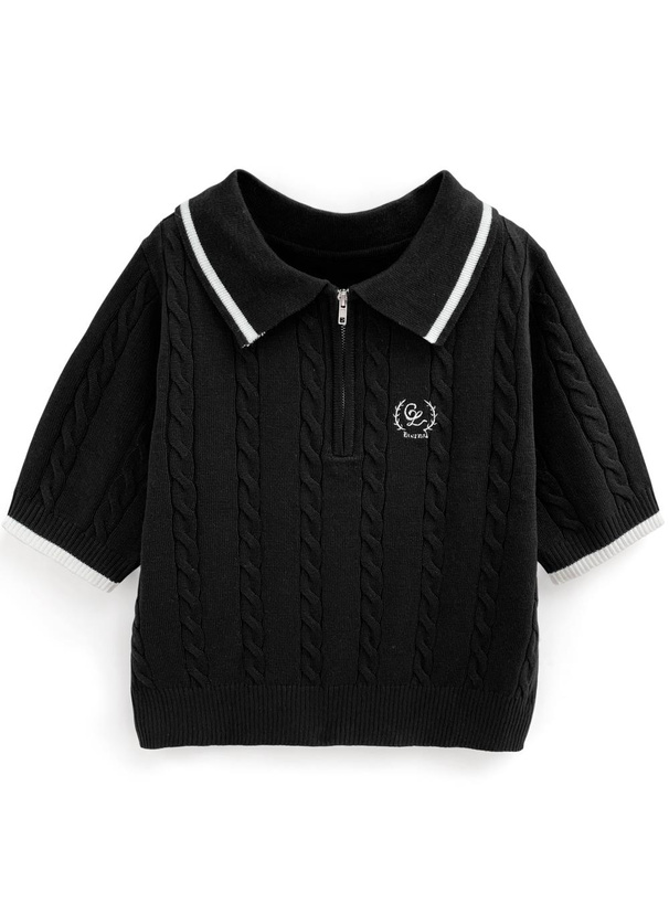 ハーフジップロゴ刺繍ケーブル編みニットトップス