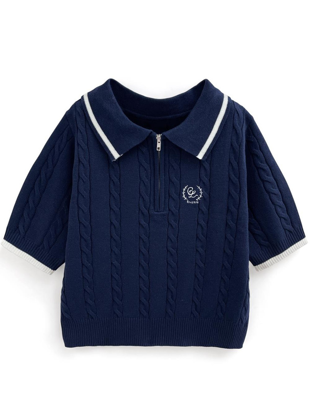 ハーフジップロゴ刺繍ケーブル編みニットトップス