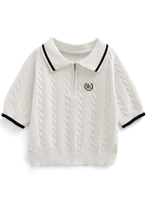 ハーフジップロゴ刺繍ケーブル編みニットトップス