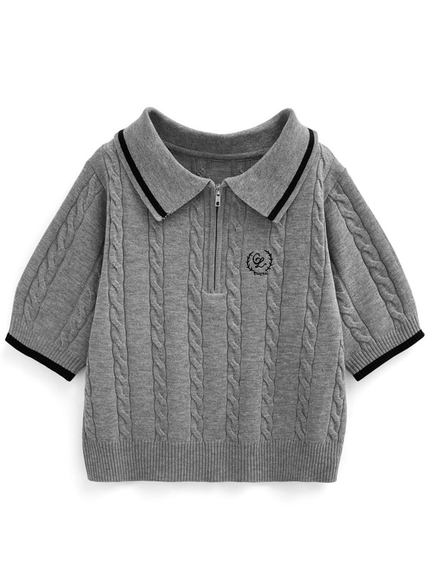 ハーフジップロゴ刺繍ケーブル編みニットトップス