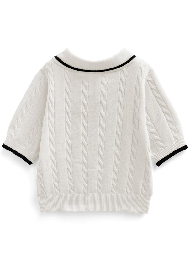 ハーフジップロゴ刺繍ケーブル編みニットトップス
