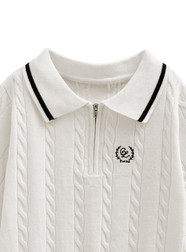 ハーフジップロゴ刺繍ケーブル編みニットトップス