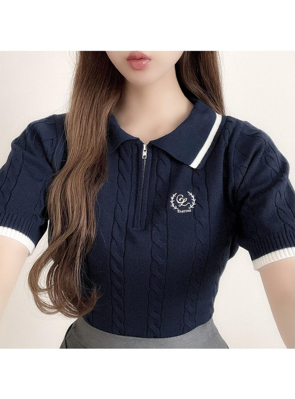 ハーフジップロゴ刺繍ケーブル編みニットトップス