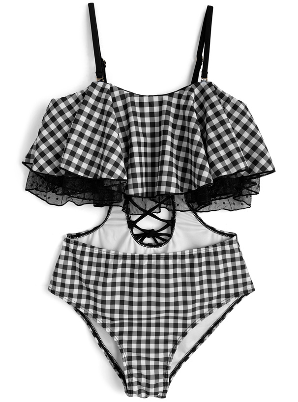 ギンガムチェック柄バックレースアップチュール水着