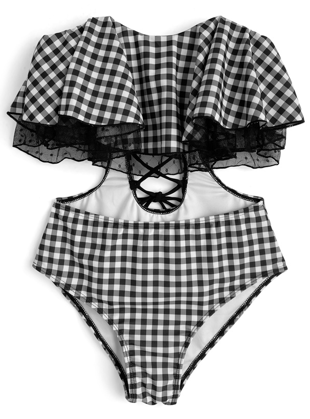 ギンガムチェック柄バックレースアップチュール水着