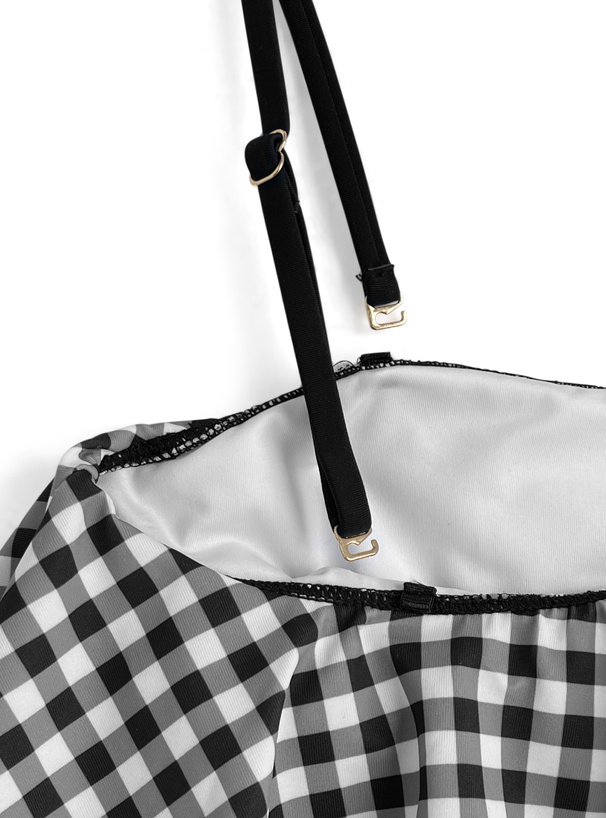 ギンガムチェック柄バックレースアップチュール水着