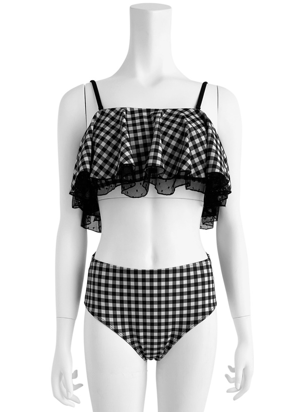 ギンガムチェック柄バックレースアップチュール水着