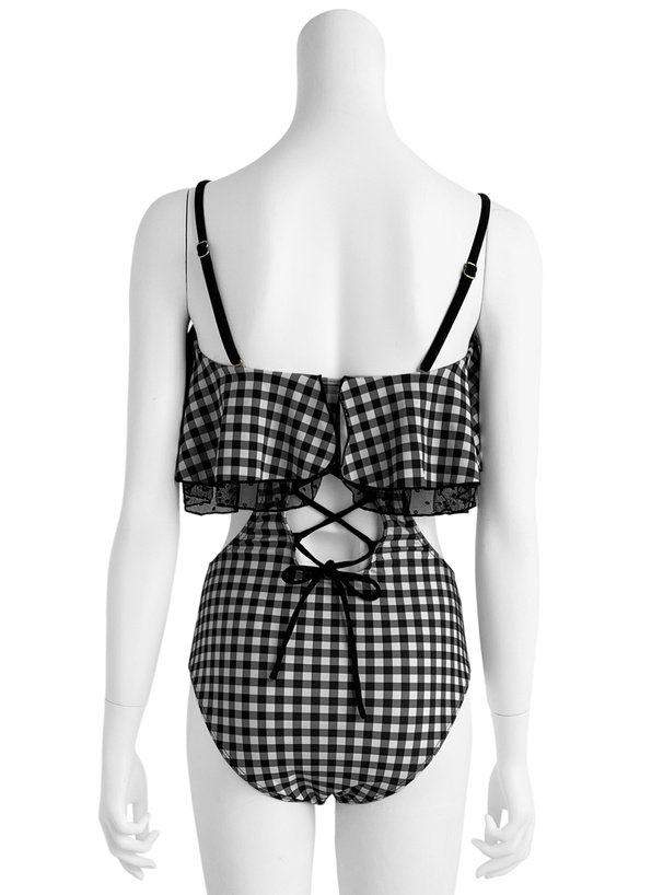 ギンガムチェック柄バックレースアップチュール水着