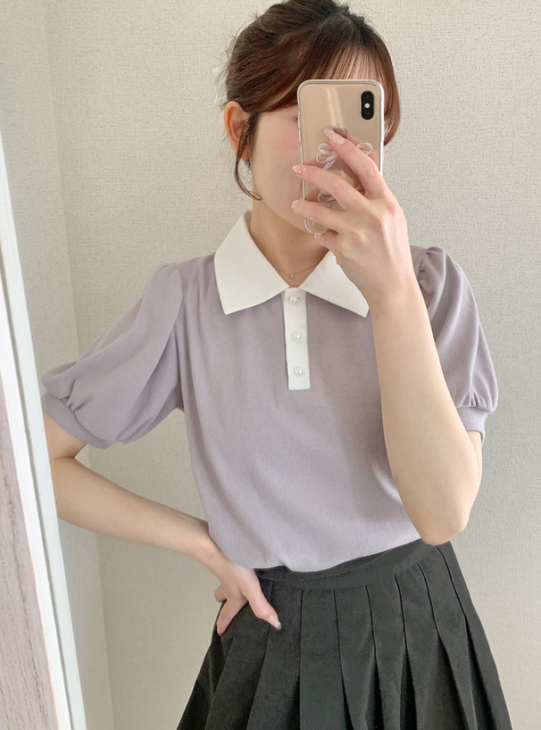 襟付きテレコパフスリーブパールトップス