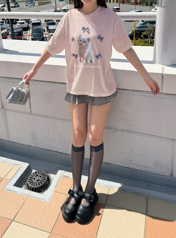 キャットチェック柄リボンTシャツ