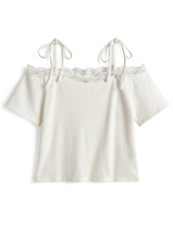 リボンストラップオフショルレーステレコトップス