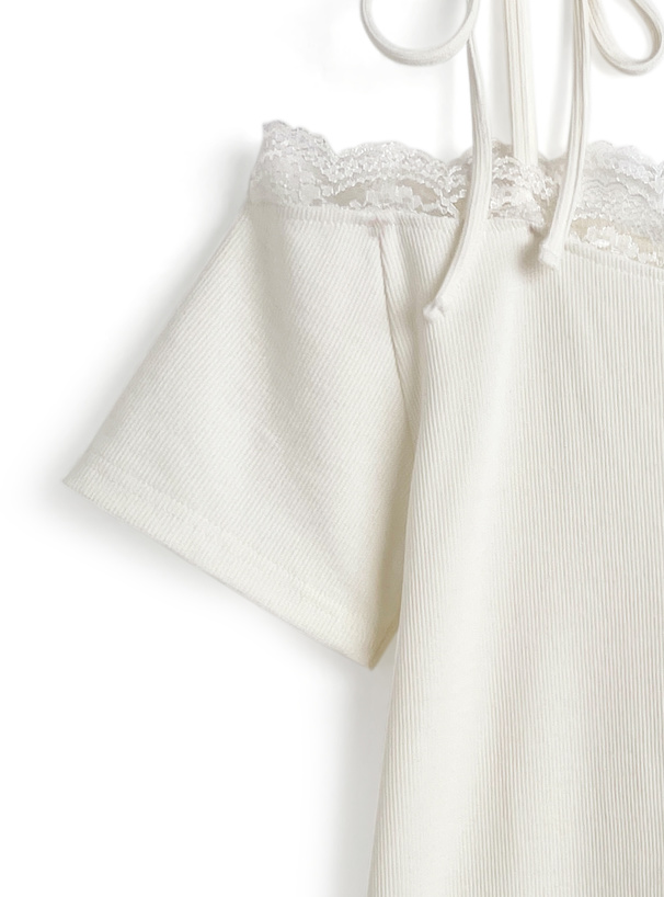 リボンストラップオフショルレーステレコトップス