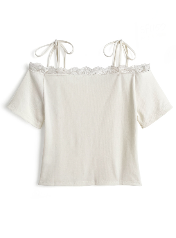 リボンストラップオフショルレーステレコトップス