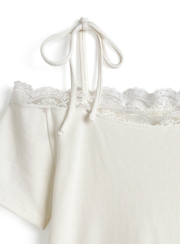 リボンストラップオフショルレーステレコトップス