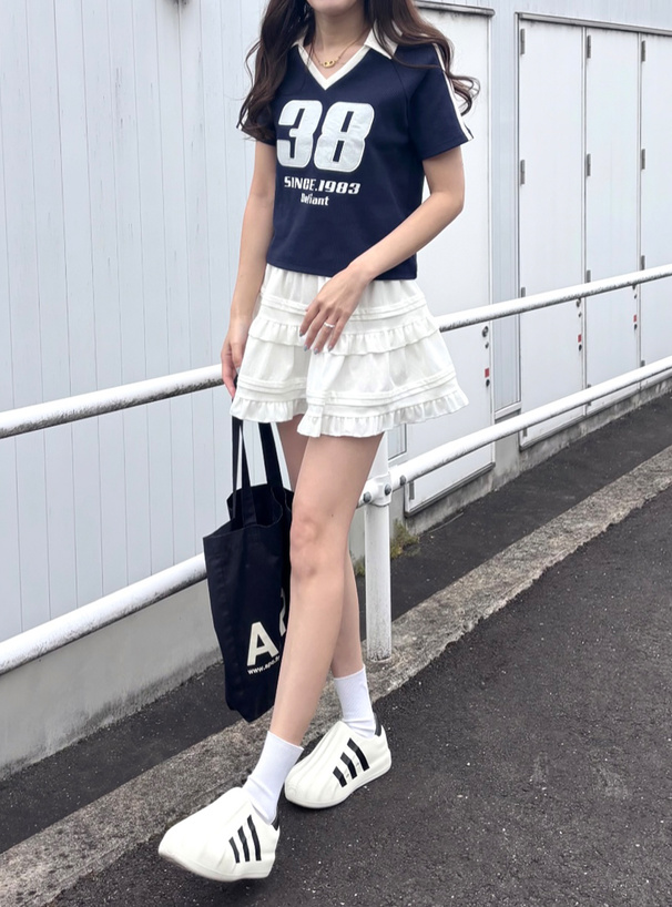 ナンバーロゴ配色ラインスキッパーリブトップス