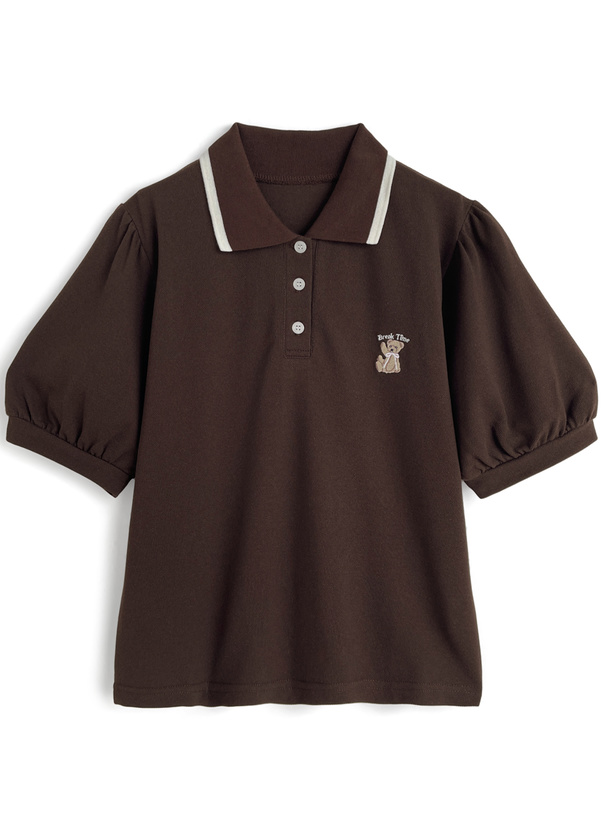 テディベア刺繍パフスリーブポロトップス