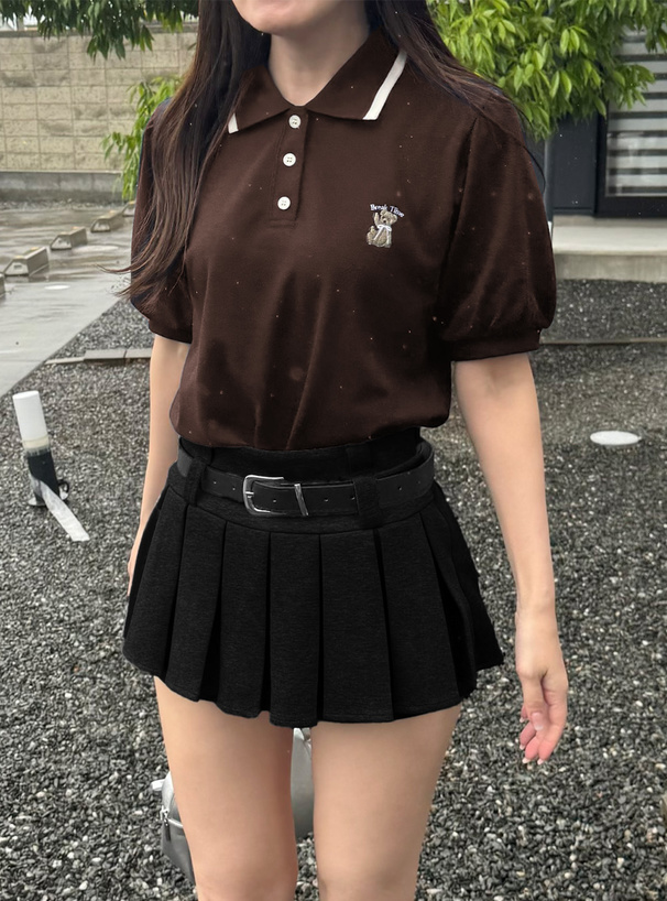 テディベア刺繍パフスリーブポロトップス