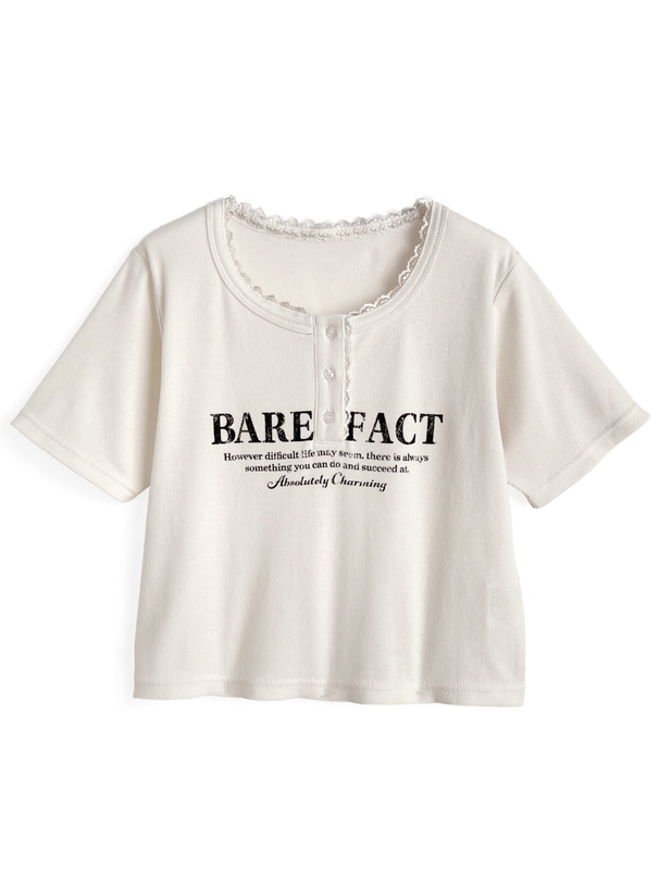 レースロゴプリントテレコリブトップス